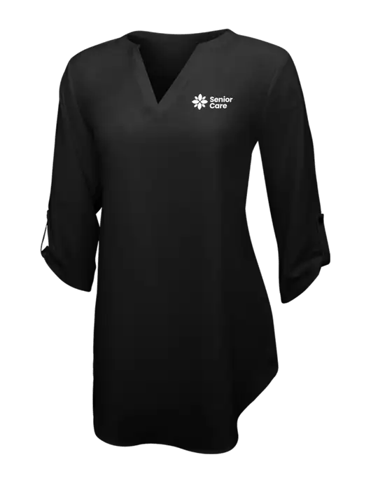Womens Black 3/4 Sleeve Tunic Blouse w/NHC Senior Care Logo
