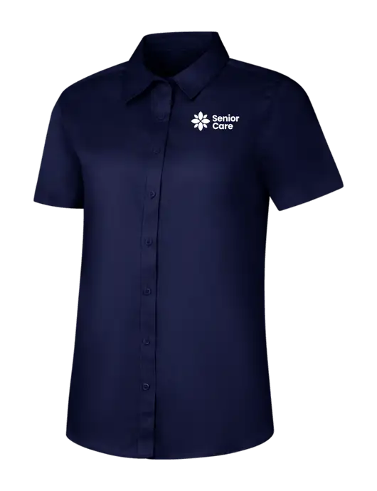 Womens Navy Short Sleeve Superpro React Twill Shirt w/NHC Senior Care Logo