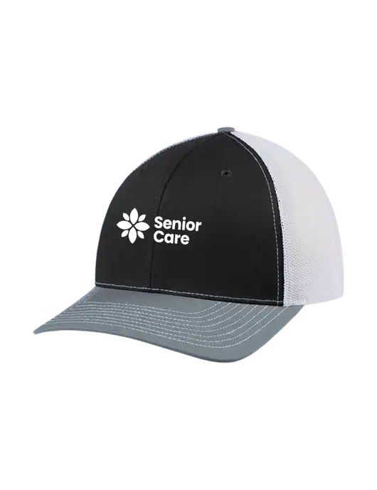 Richardson Adjustable Snapback Original 112 Trucker Cap Black/Light Heather Grey/White Mesh w/NHC Senior Care Logo