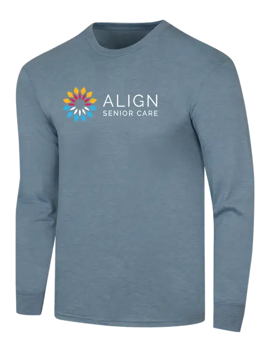 Simply Soft Long Sleeve Slate Blue Heather 4.5 oz, Poly/Combed Ring Spun Cotton T-Shirt w/Align Senior Care Logo