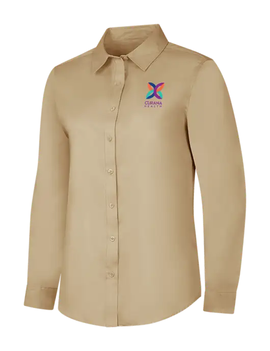 Dark Tan Womens Long Sleeve Superpro React Twill Shirt w/Curana Health Logo