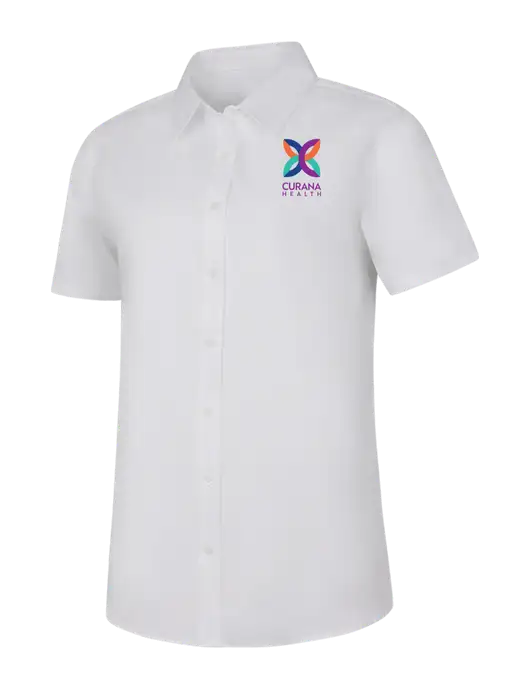 Womens White Short Sleeve Superpro React Twill Shirt w/Curana Health Logo