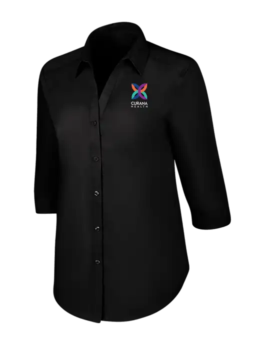 Womens Black 3/4 Sleeve Carefree Poplin Shirt w/Curana Health Logo