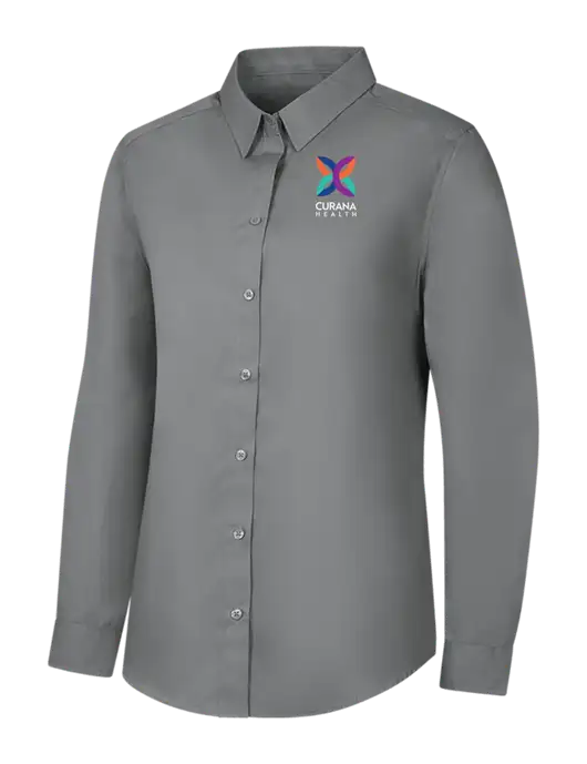 Womens Medium Grey Long Sleeve Carefree Poplin Shirt w/Curana Health Logo