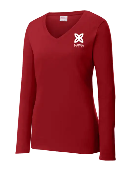 Womens V-Neck Ring Spun Cardinal 4.5 oz Long Sleeve T-Shirt w/Curana Health Logo