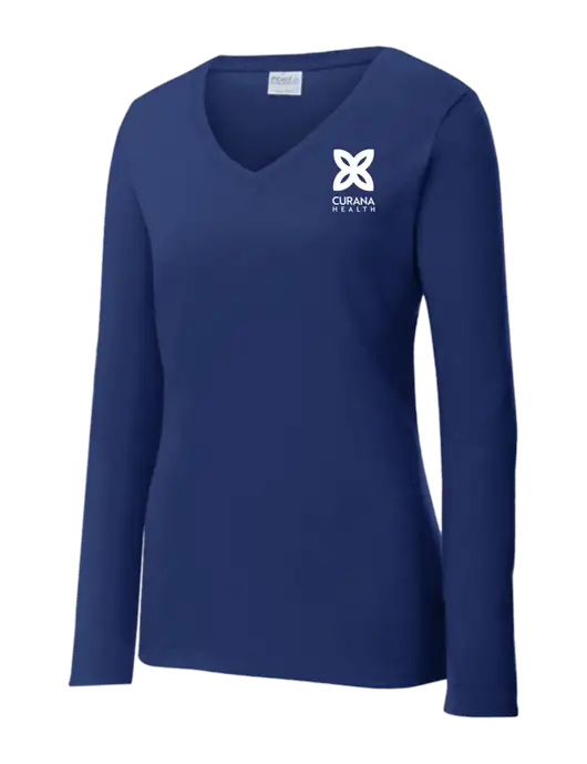 Womens  V-Neck Ring Spun Navy 4.5 oz Long Sleeve T-Shirt w/Curana Health Logo