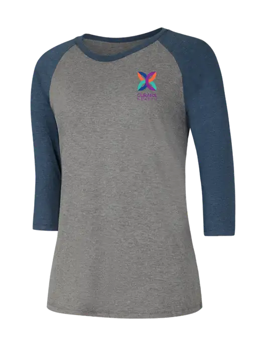 Womens Simply Soft 3/4 Sleeve Navy Frost/Grey Frost Ring Spun Cotton T-Shirt w/Curana Health Logo