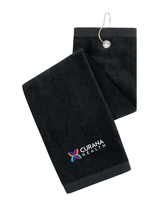 Black Tri-Fold Golf Towel with Grommet w/Curana Health Logo