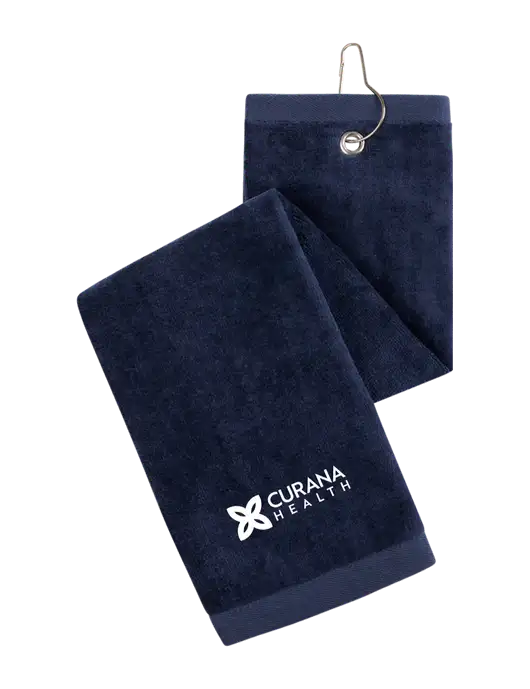 Navy Tri-Fold Golf Towel with Grommet w/Curana Health Logo