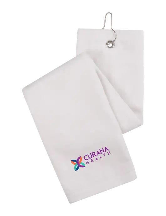 White Tri-Fold Golf Towel with Grommet w/Curana Health Logo