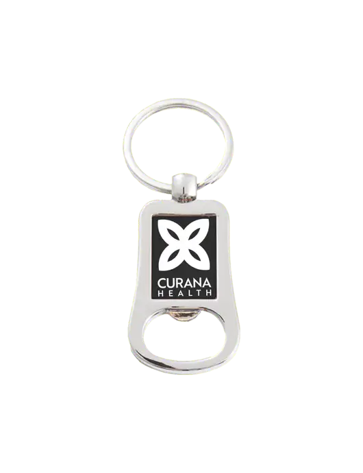 Silver & Black Bottle Opener Keychain w/Curana Health Logo