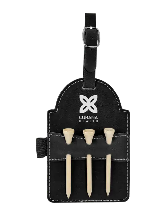 Black Leatherette Golf Bag Tag with 3 Wooden Tees w/Curana Health Logo