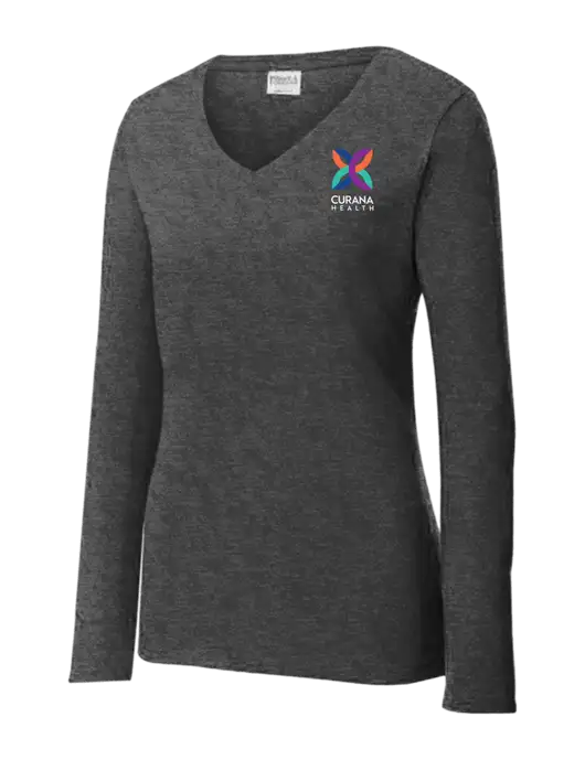 Womens  V-Neck Ring Spun Dark Heather Grey 4.5 oz Long Sleeve T-Shirt w/Curana Health Logo