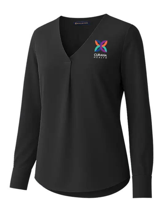 Brooks Brothers Womens Black Open-Neck Satin Blouse  w/Curana Health Logo