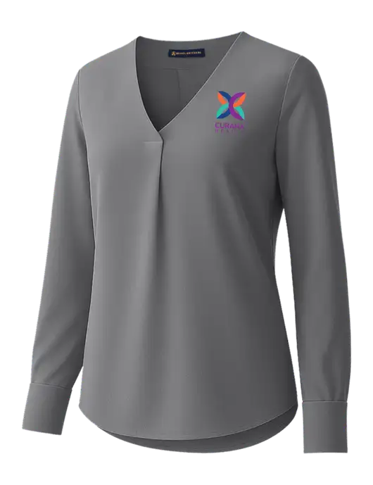 Brooks Brothers Womens Medium Grey Open-Neck Satin Blouse  w/Curana Health Logo