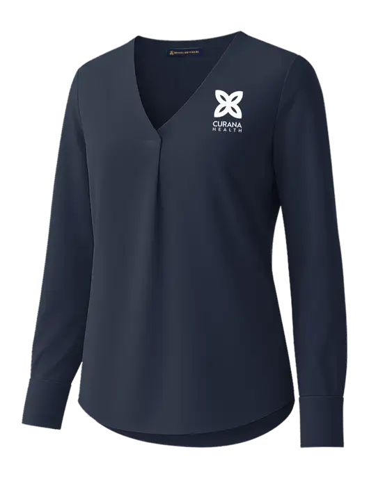 Brooks Brothers Womens Dark Navy Open-Neck Satin Blouse  w/Curana Health Logo