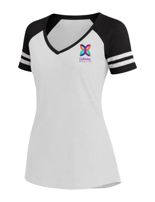 Womens White/Black V-Neck Game Tee w/Curana Health Logo