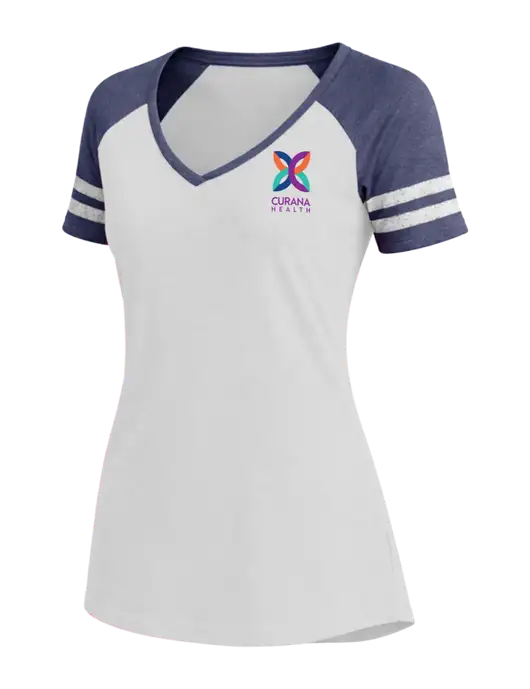 Womens White/Navy Heather V-Neck Game Tee w/Curana Health Logo