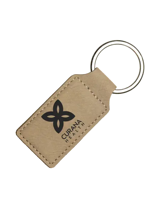 Tan Laserable Leatherette Rectangle Keychain w/Curana Health Logo