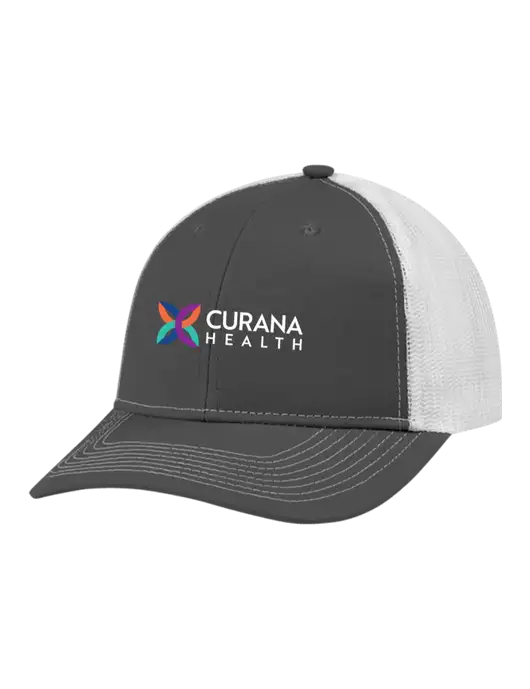 Snapback Ponytail Trucker Cap Dark Grey w/White Mesh w/Curana Health Logo