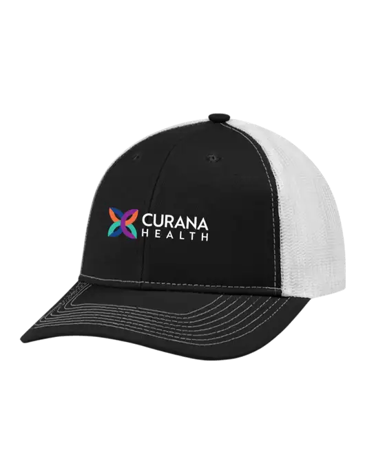 Snapback Ponytail Trucker Cap Black w/White Mesh w/Curana Health Logo