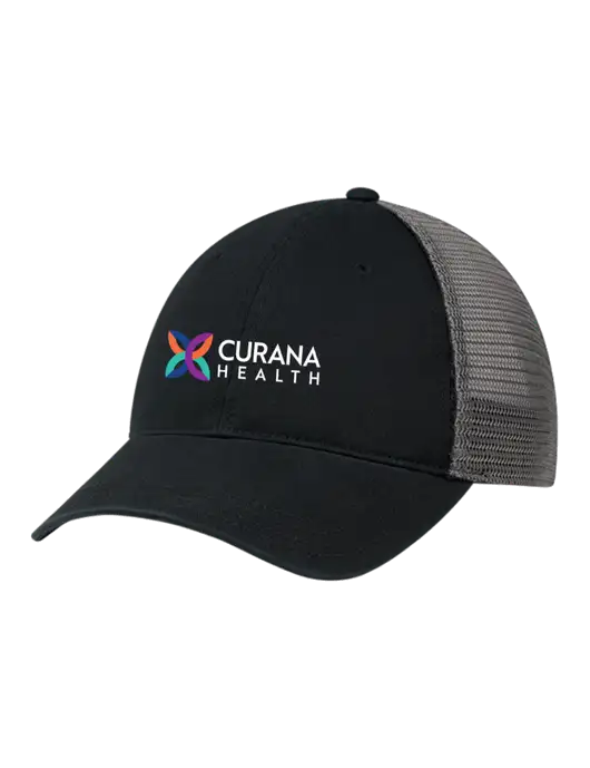 Richardson 111 Garment Washed Trucker Cap Black w/Charcoal Mesh w/Curana Health Logo