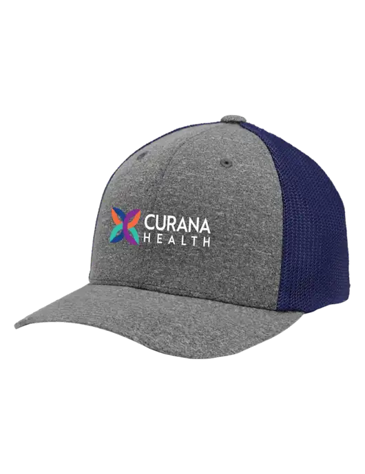 Flexfit Navy/Medium Grey Heather Melange Mesh Back Trucker Cap w/Curana Health Logo