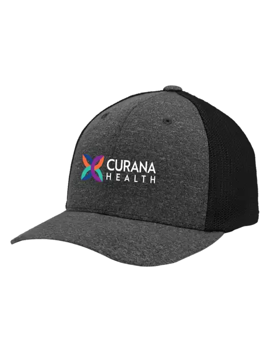 Flexfit Black/Dark Charcoal Heather Melange Mesh Back Trucker Cap w/Curana Health Logo