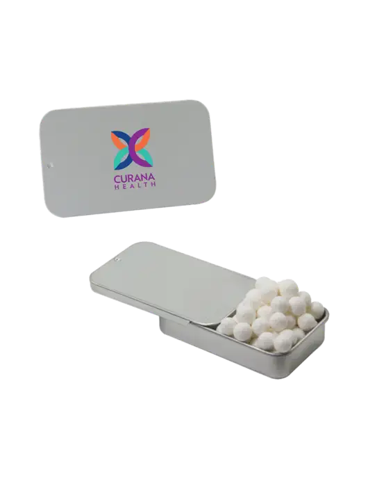 Signature Peppermints In Silver Slider Tin w/Curana Health Logo