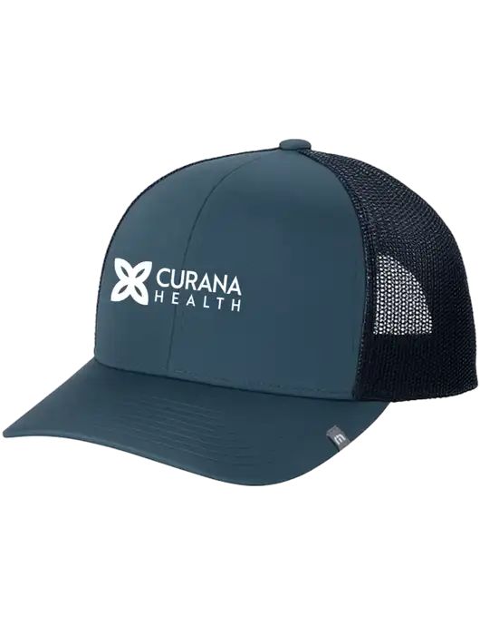 TravisMathew Dark Slate Blue Cruz Trucker Cap w/Curana Health Logo