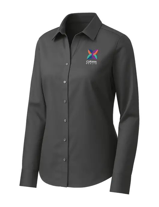 Brooks Brothers Womens Dark Grey Wrinkle-Free Stretch Pinpoint Shirt w/Curana Health Logo