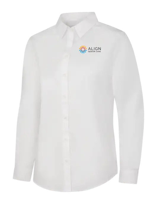 Womens White Long Sleeve Carefree Poplin Shirt w/Align Senior Care Logo