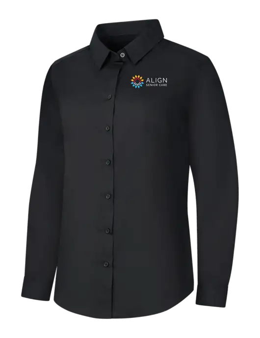 Womens Black Long Sleeve Carefree Poplin Shirt w/Align Senior Care Logo