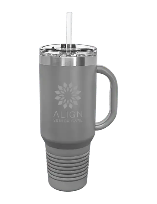 Polar Camel 40 oz. Powder Coated Vacuum Insulated Grey Travel Mug with Straw w/Align Senior Care Logo