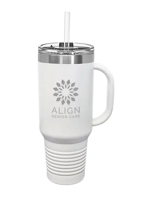 Polar Camel 40 oz. Powder Coated Vacuum Insulated White Travel Mug with Straw w/Align Senior Care Logo