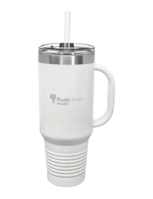 Polar Camel 40 oz. Powder Coated Vacuum Insulated White Travel Mug with Straw w/PruittHealth Logo