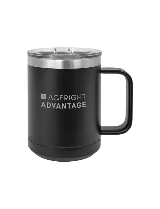 Polar Camel 15 oz Powder Coated Black Vacuum Insulated Mug with Slider Lid w/Ageright Advantage Logo